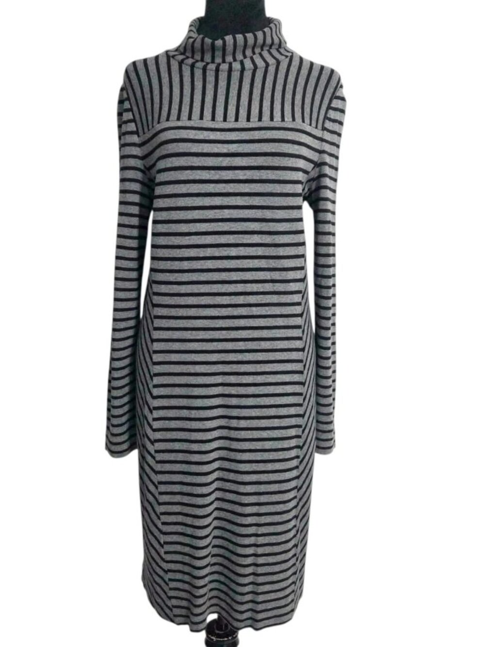 Tory Burch Size Large Turtleneck Stripe Long Sleeve Gray Black Modest